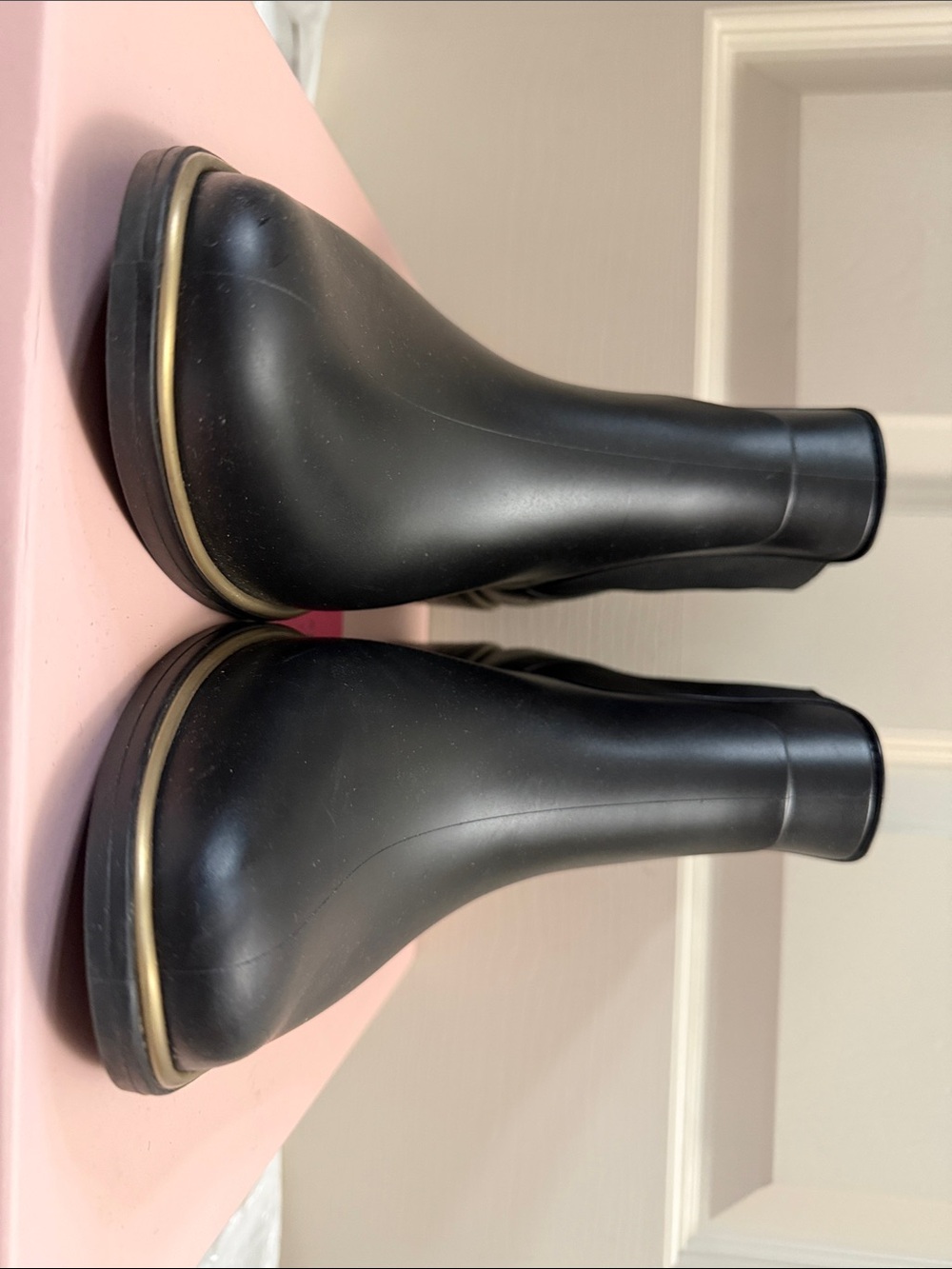 kate spade Black Chelsea Rain Booties with Gold Accent